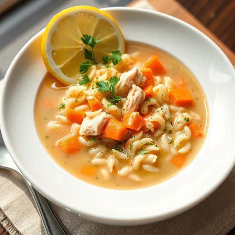 One serving of lemon chicken orzo soup topped with fresh parsley in a wide white soup bowl, a wedge of lemon on the rim, shown close up with warm side lighting to highlight the freshness.