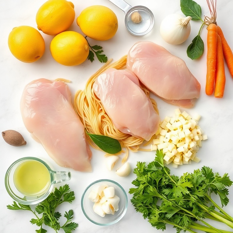 Overhead shot of raw chicken breasts, orzo, lemons, carrots, celery, onion, garlic, and fresh parsley arranged with small prep bowls and measuring spoons on a white marble surface.
