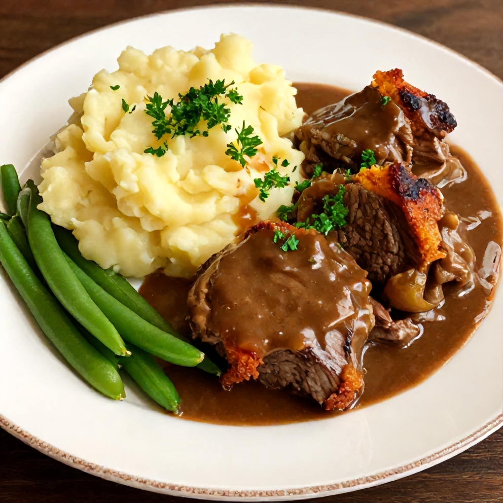 Plated Italian Pot Roast with mashed potatoes