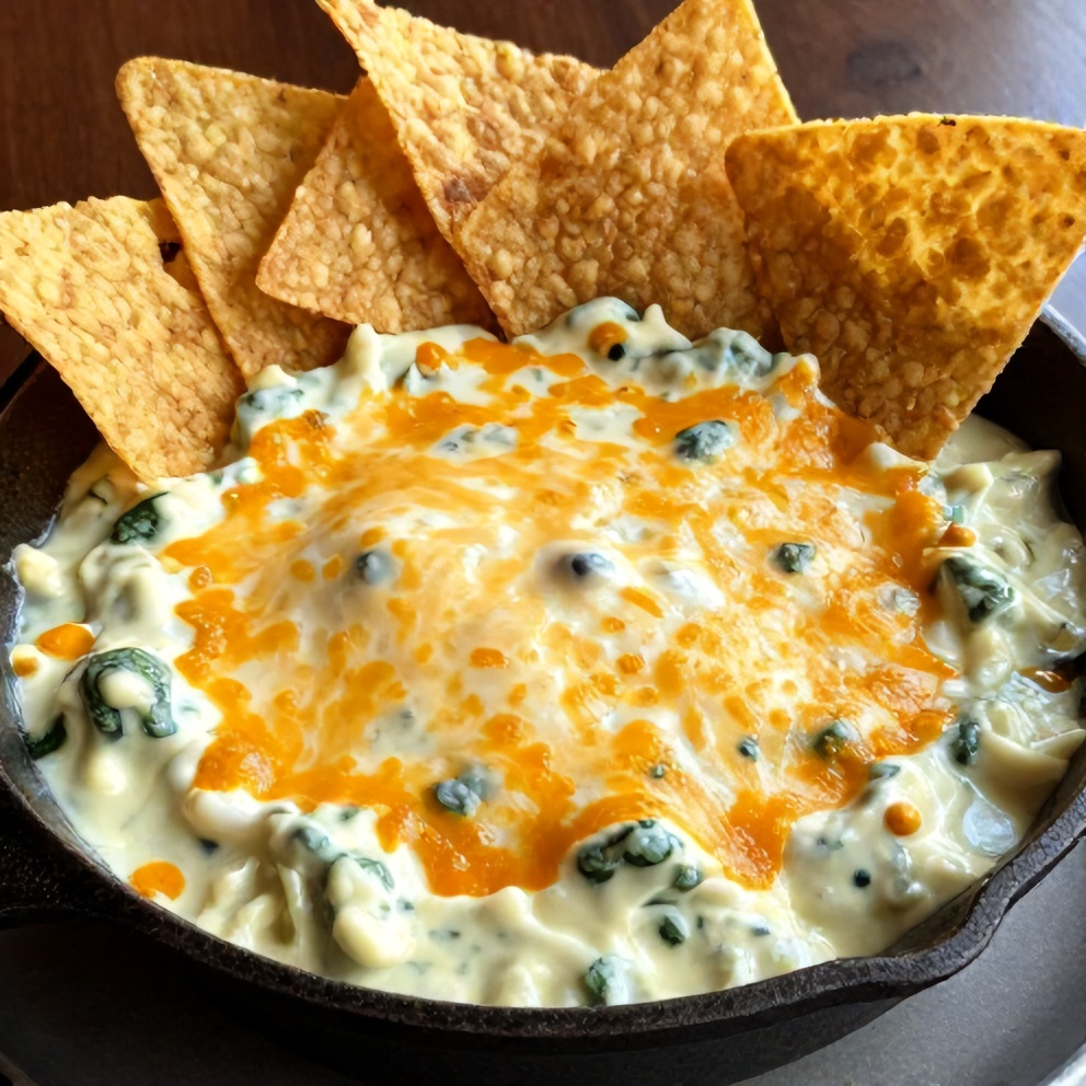 Jalapeño Spinach Artichoke Dip served in a cast iron skillet with tortilla chips
