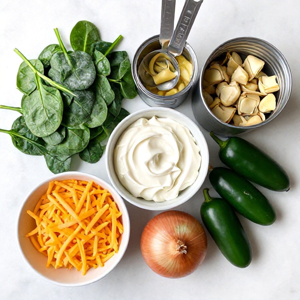 Raw ingredients for Jalapeño Spinach Artichoke Dip including spinach, artichoke hearts, jalapeños, cream cheese, and shredded cheese