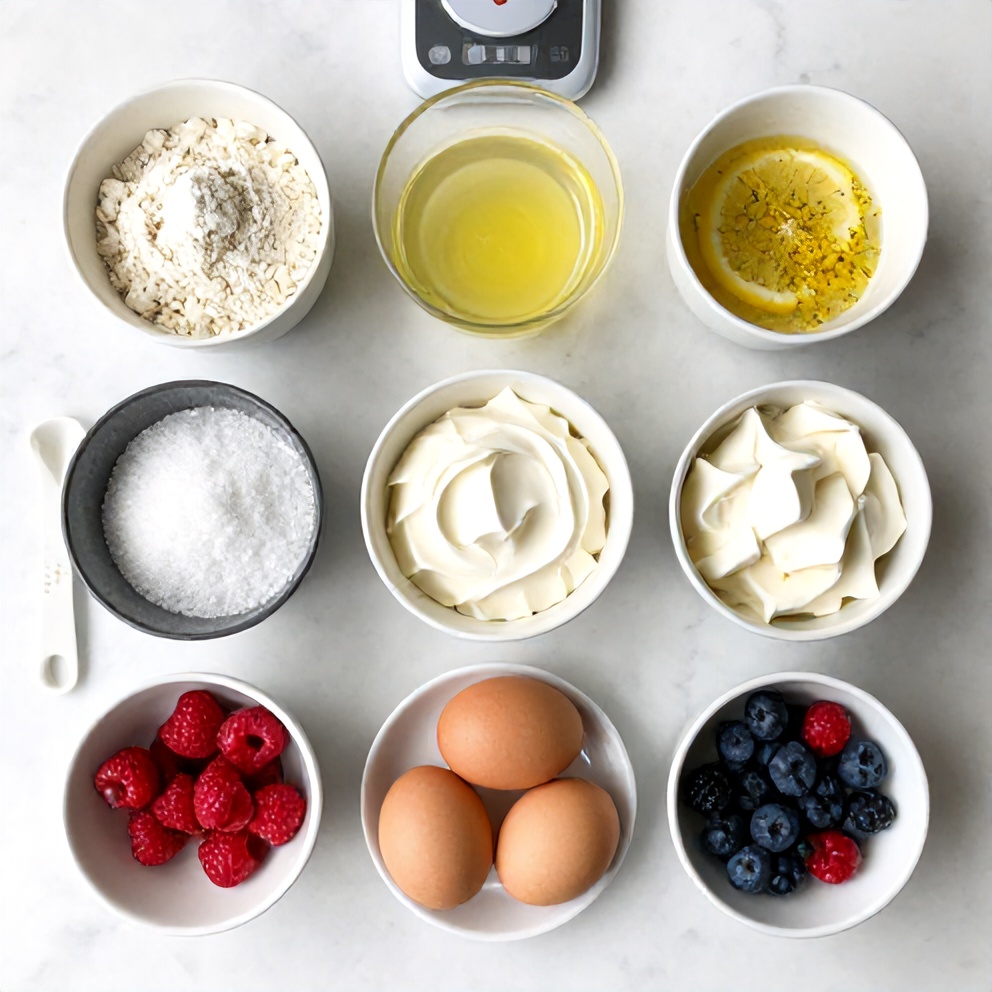 Ingredients for Keto No Bake Lemon Cheesecake Cups: almond flour, cream cheese, lemon juice, lemon zest, sweetener, eggs, heavy cream, and fresh berries