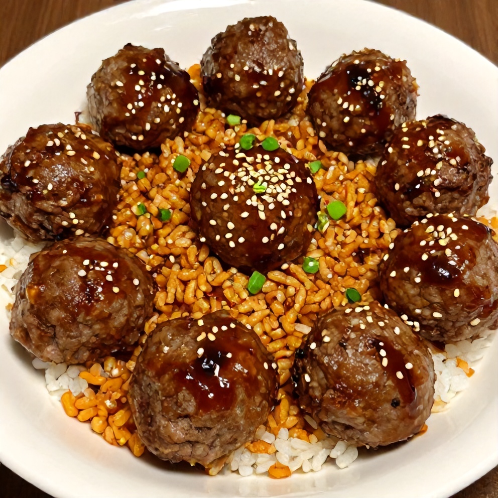 Korean BBQ Meatball Rice Bowl on a white plate