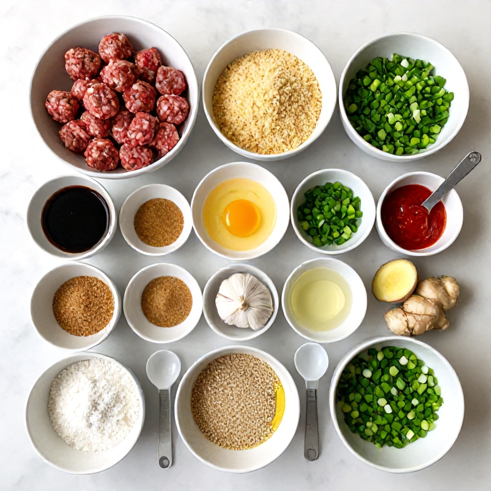 Raw ingredients for Korean BBQ Meatball Rice Bowls on a white marble surface