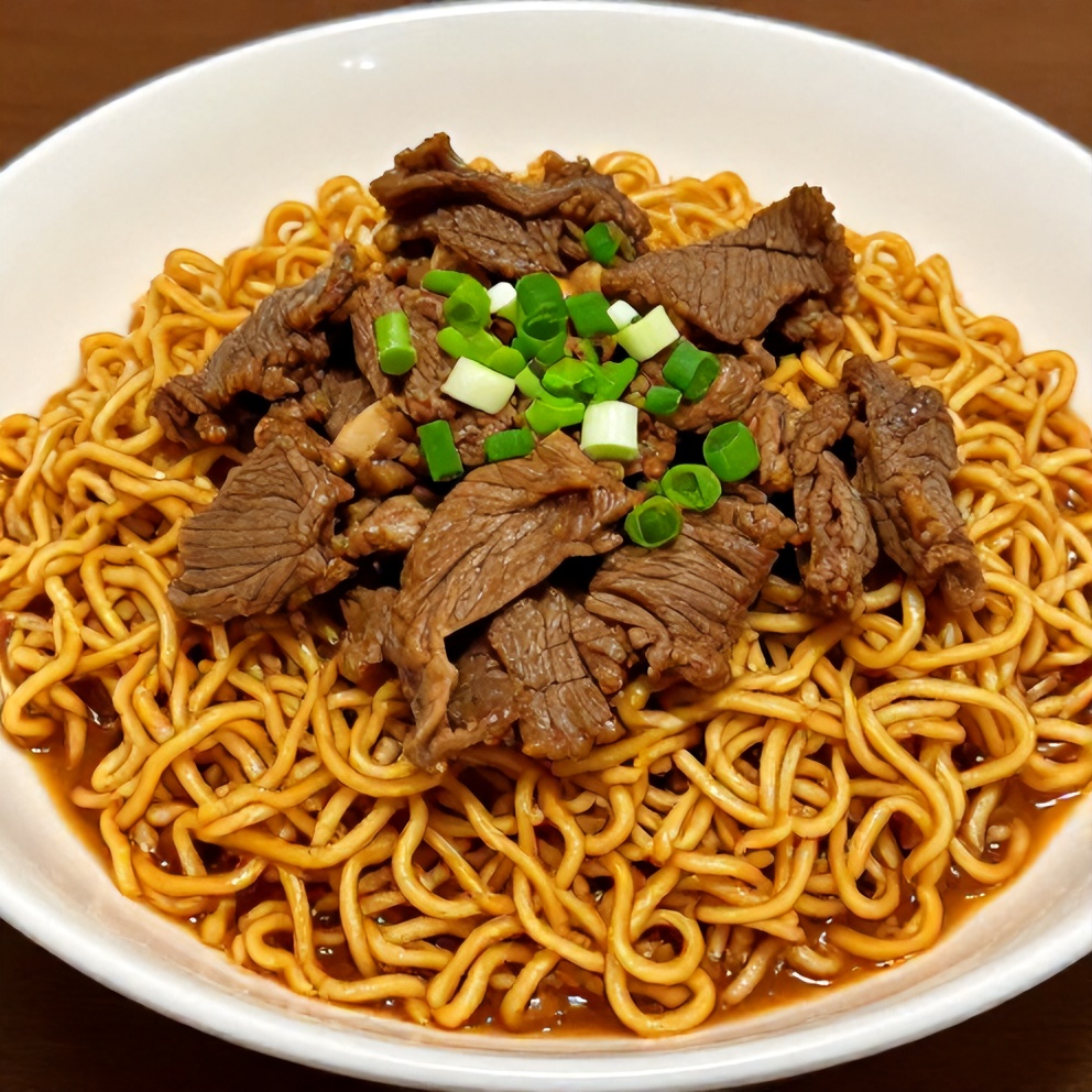 Plated serving of Easy Korean Beef Ramen with green onions and sesame seeds