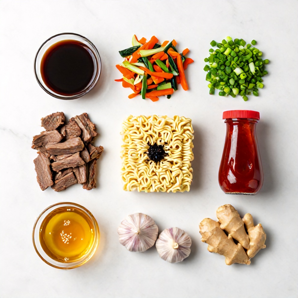 Overhead flat lay of raw ingredients for Easy Korean Beef Ramen, including beef, ramen noodles, and vegetables