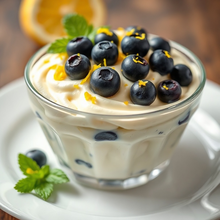 One serving of lemon blueberry fluff in a clear dessert glass, topped with fresh blueberries and lemon zest, resting on a white plate, soft side lighting highlighting the texture.