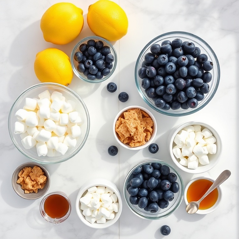 Overhead view of lemons, fresh blueberries, whipped topping, instant lemon pudding mix, and mini marshmallows neatly arranged with bowls and measuring spoons on a white marble surface.