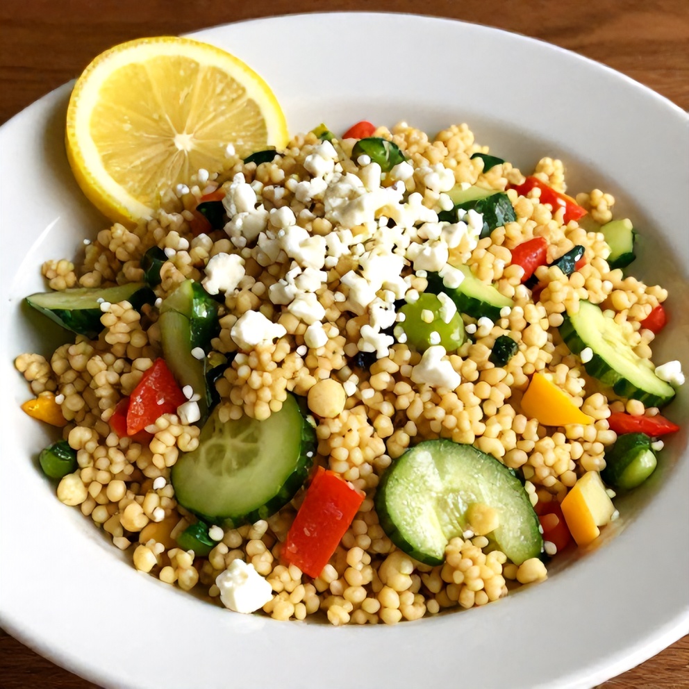 Lemon Cucumber Couscous Salad served in a bowl with a lemon slice