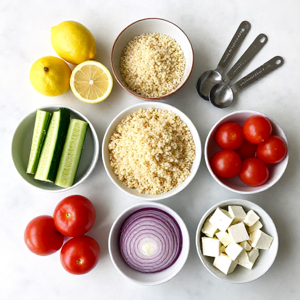 Ingredients for Lemon Cucumber Couscous Salad on a marble surface