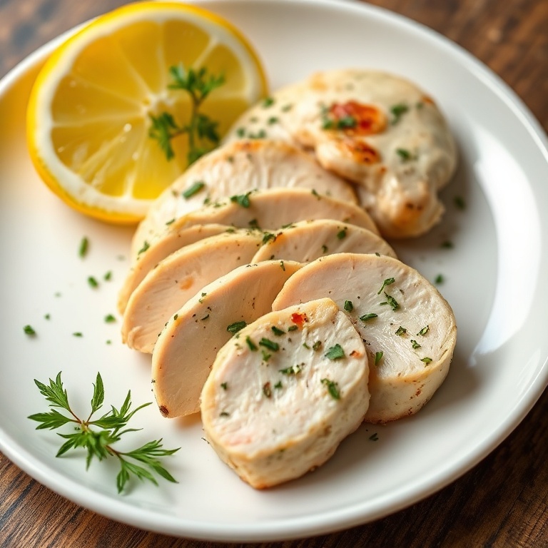 Sliced lemon herb chicken breasts on a white plate with a lemon wedge and fresh herbs