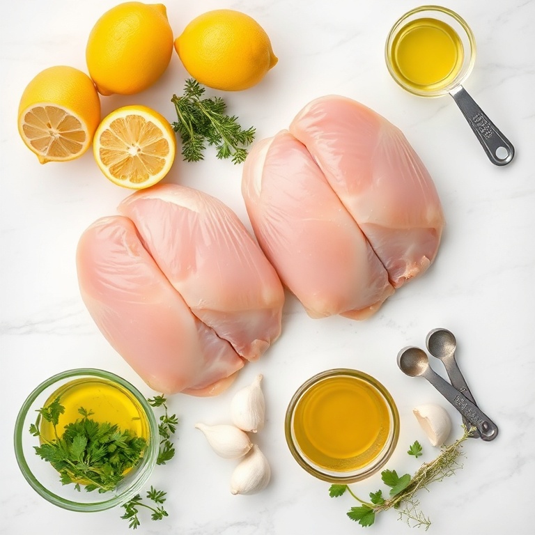 Raw chicken breasts, lemons, fresh herbs, garlic, olive oil, and butter arranged in a flat lay