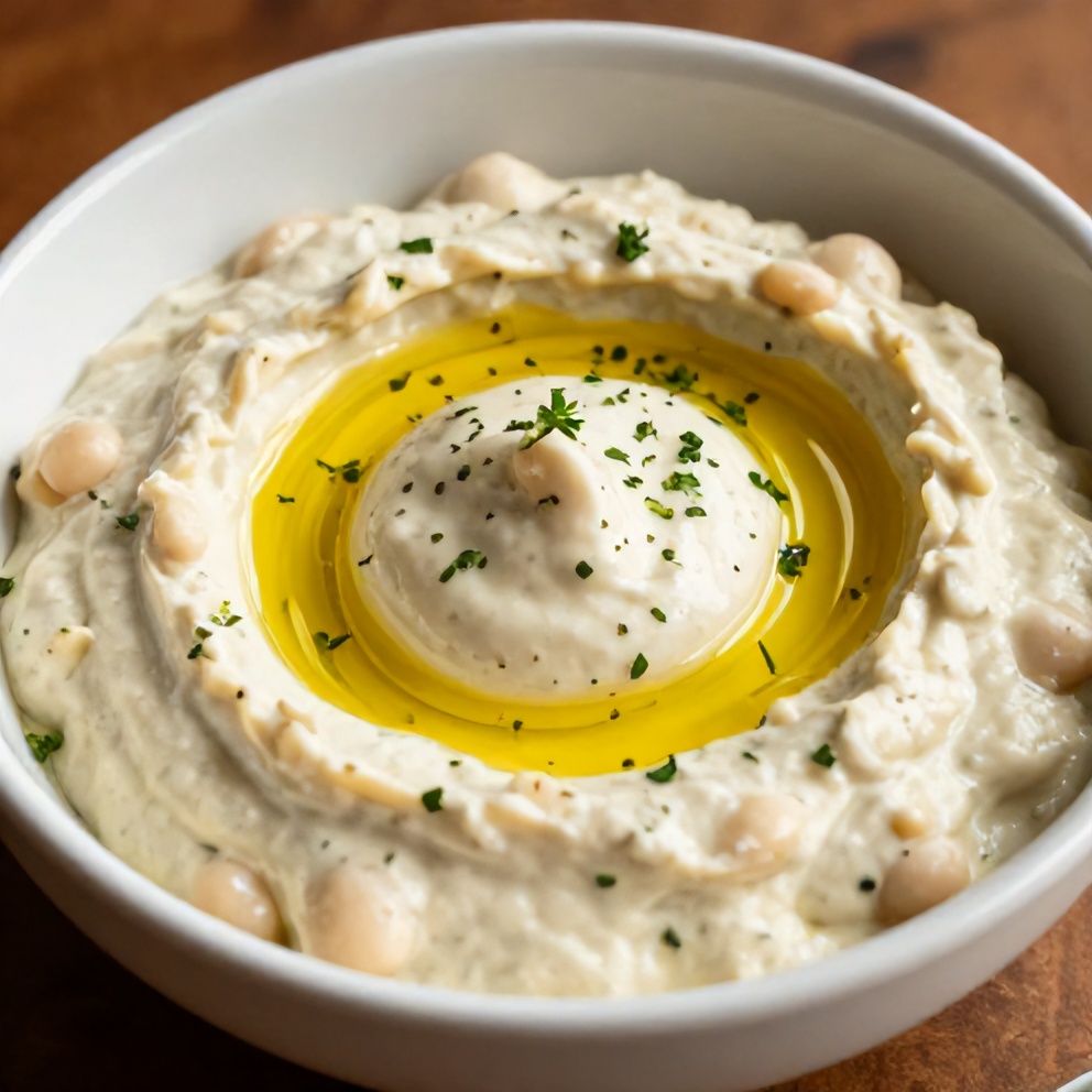 Lemon herb white bean dip served with pita chips on a rustic plate