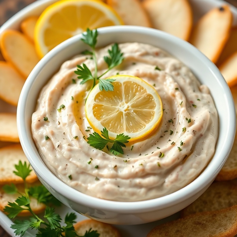 Perfectly plated white bean dip with lemon and herbs. Garnished with fresh parsley. Served in a white ceramic bowl. Warm side lighting highlights texture. Photorealistic food photography. No text or watermark.