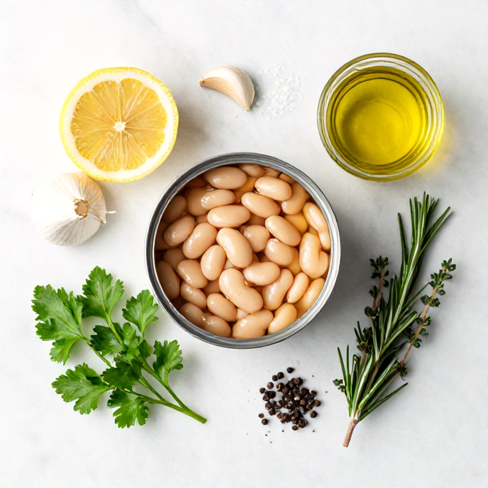 White beans, garlic, lemon, olive oil, salt, pepper, fresh herbs on a wooden surface with measuring spoons and bowls