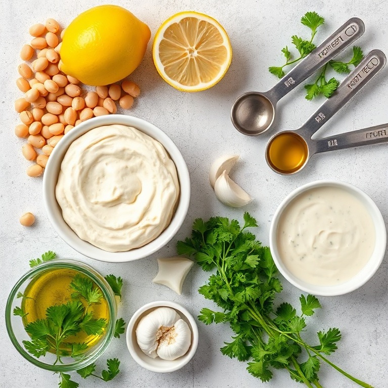 Raw ingredients for lemon herb white bean dip arranged in an overhead flat lay. Chickpeas, lemon, fresh parsley, garlic, and olive oil visible. Measuring spoons and bowls included. Bright even natural light. Photorealistic food photography. No text or watermark.
