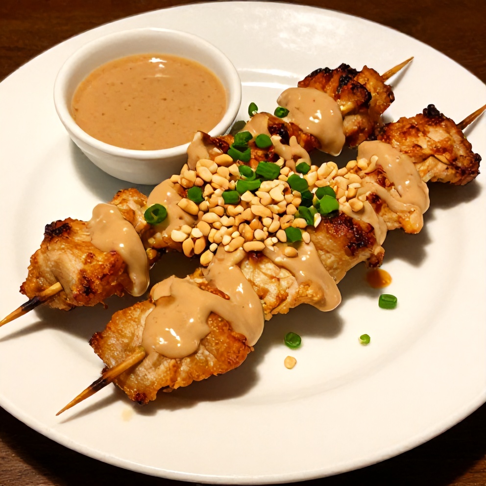 Plated lemongrass chicken skewers with peanut sauce and garnish