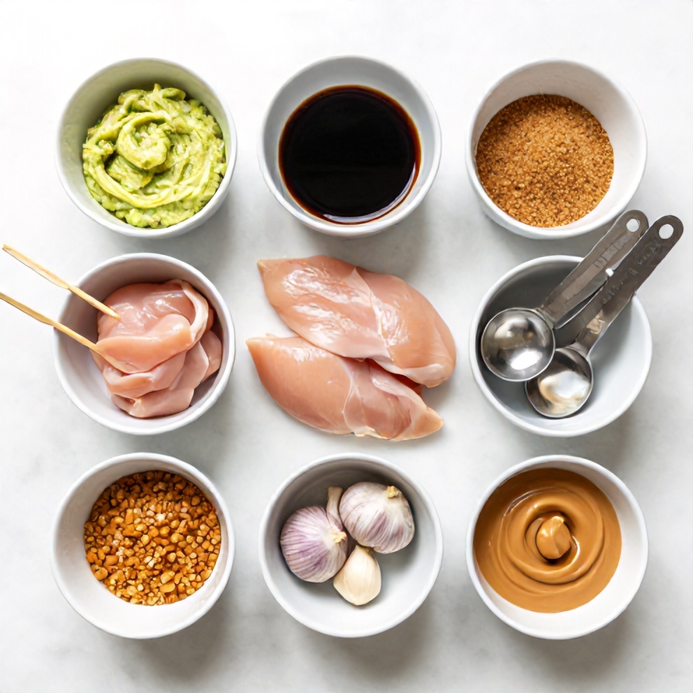 Raw ingredients for lemongrass chicken skewers with peanut sauce