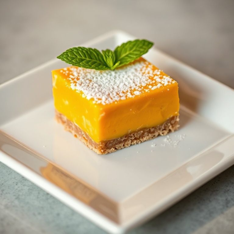 One perfect mango bar dusted lightly with powdered sugar and a mint leaf garnish, plated on a white square plate, creamy layers visible and rich color standing out.