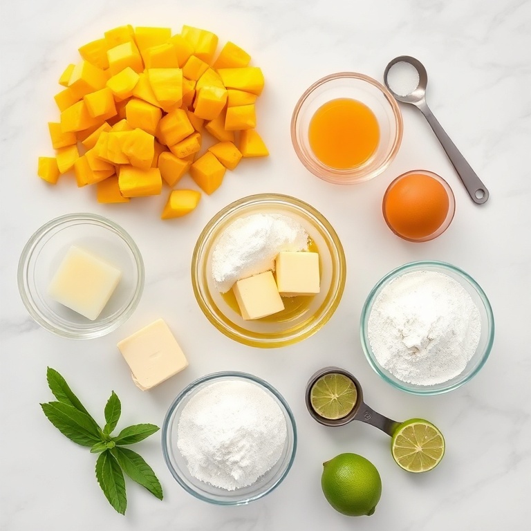 Flat lay of ripe mangoes, eggs, flour, butter, and sugar as the main ingredients for mango bars, measured in prep bowls on a marble surface with even lighting.