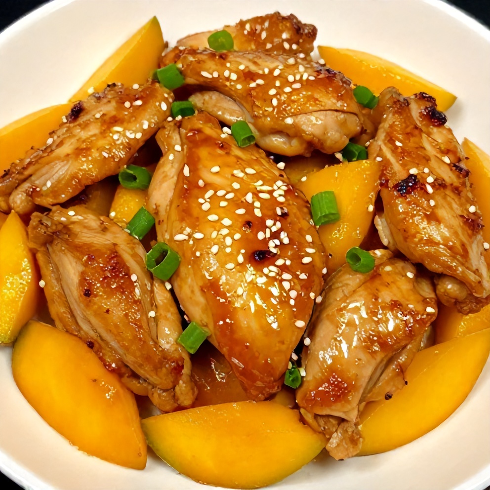 Plated Mango Glazed Chicken with garnish