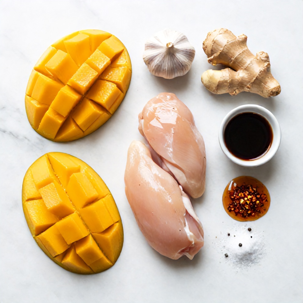 Mango, chicken, garlic, ginger, and other ingredients laid out