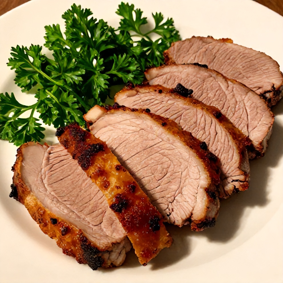 Maple Dijon Pork Tenderloin sliced on a plate with herbs