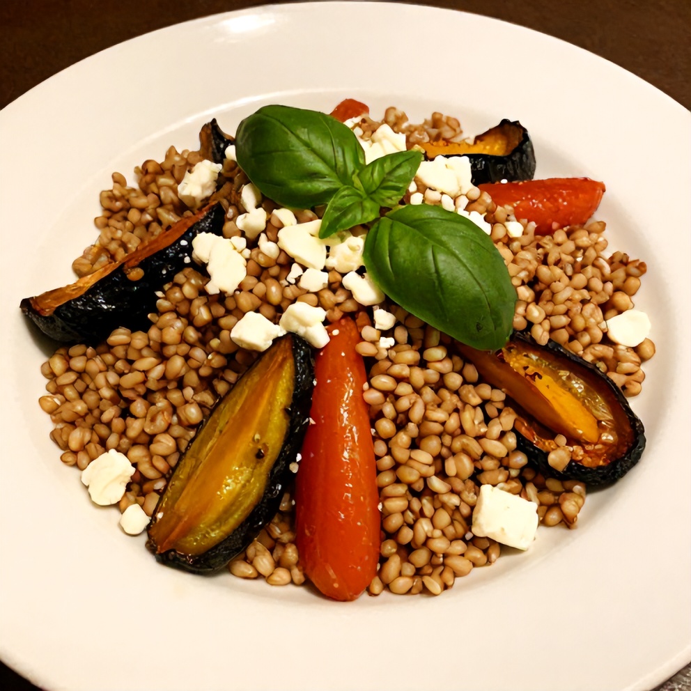 Plated farro salad with roasted vegetables