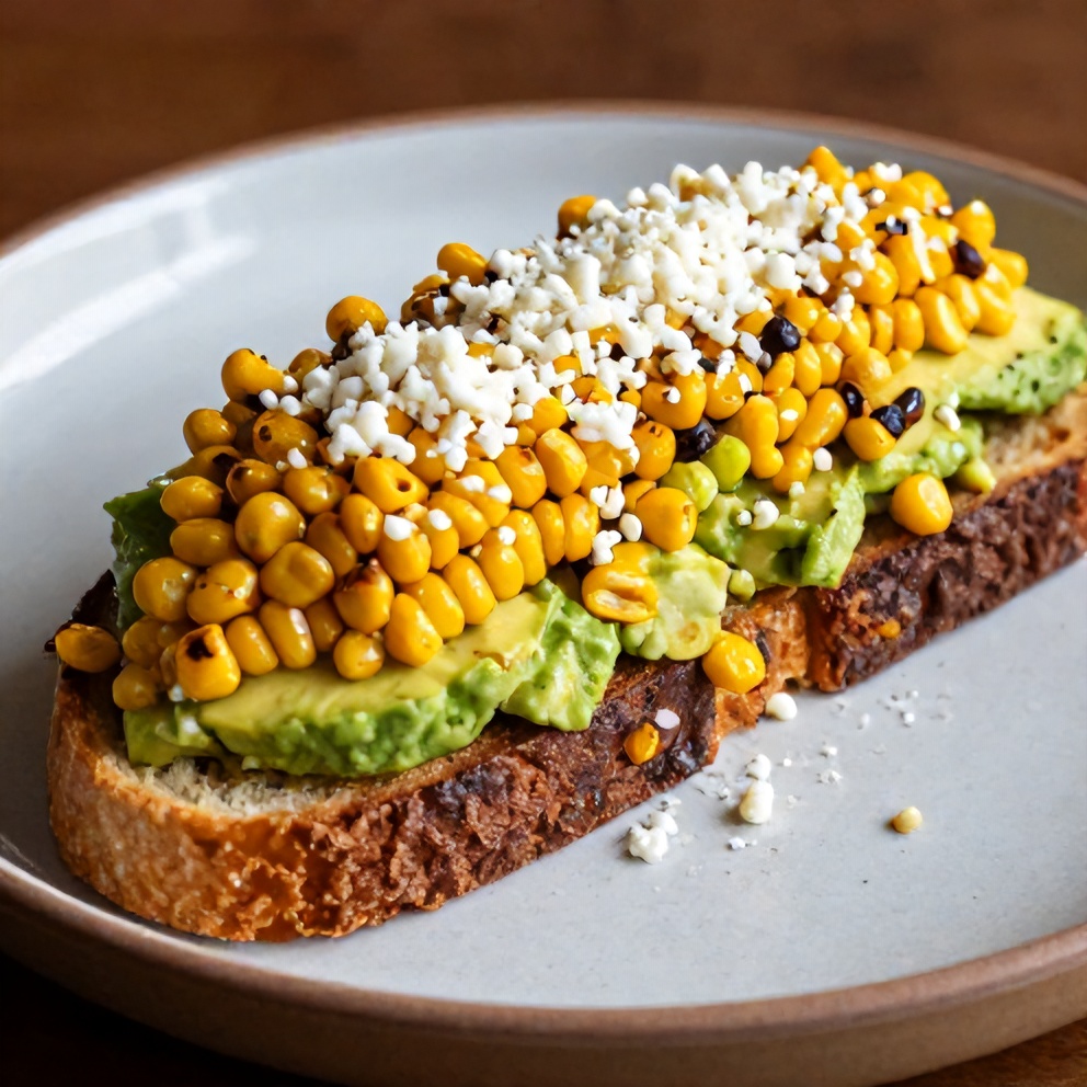 Mexican Street Corn Avocado Toast served on a rustic plate with a lime wedge