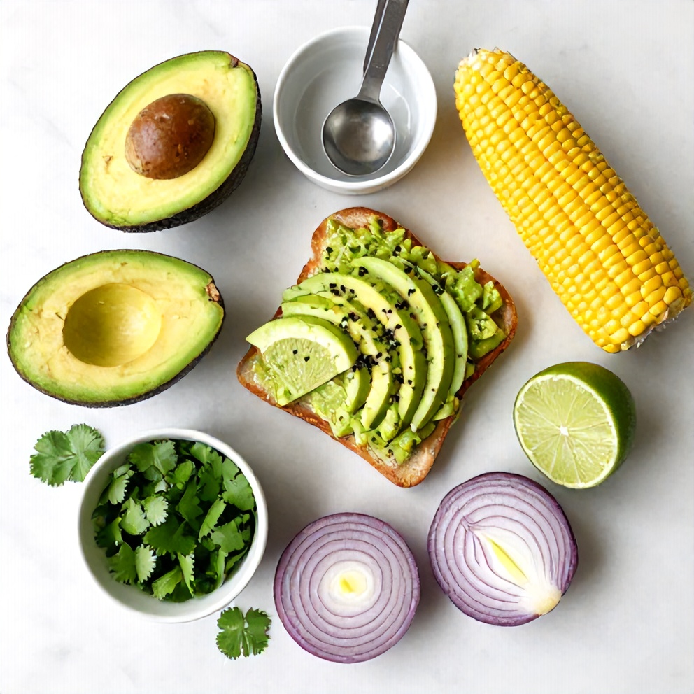 Raw ingredients for Mexican Street Corn Avocado Toast on a wooden surface