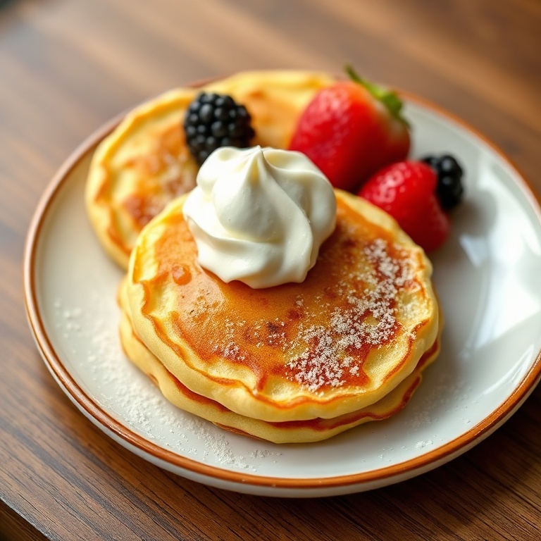 A plate of warm mini german pancakes with a dollop of whipped cream and fresh berries
