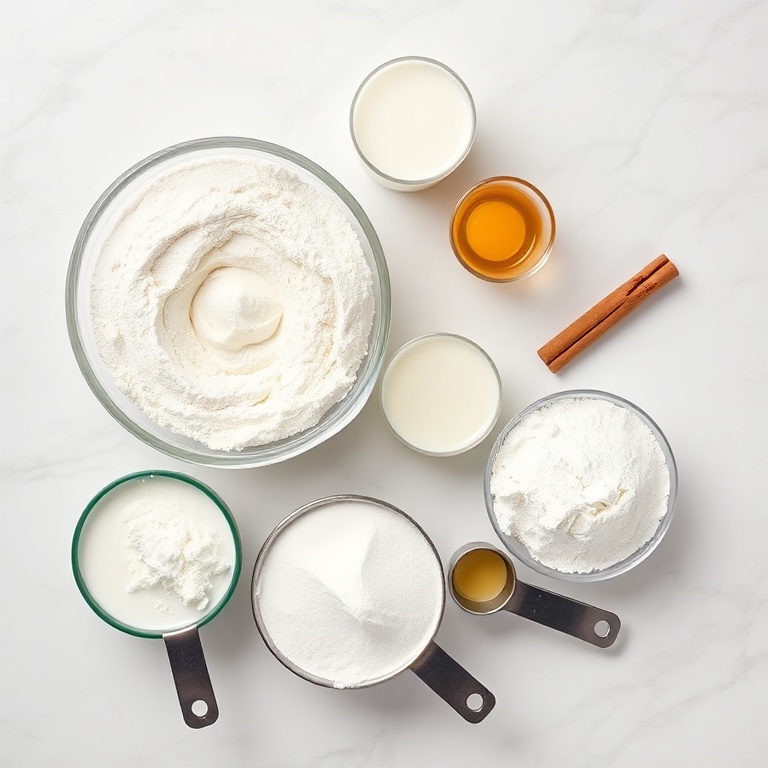 Flour, eggs, milk, baking powder, and cinnamon arranged in a flat lay with measuring cups and a mixing bowl