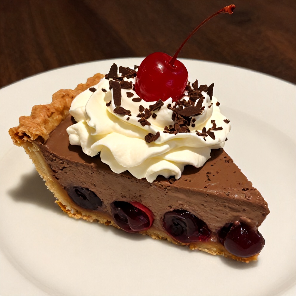 Sliced Easy No-Bake Chocolate Cherry Cream Pie on a white plate