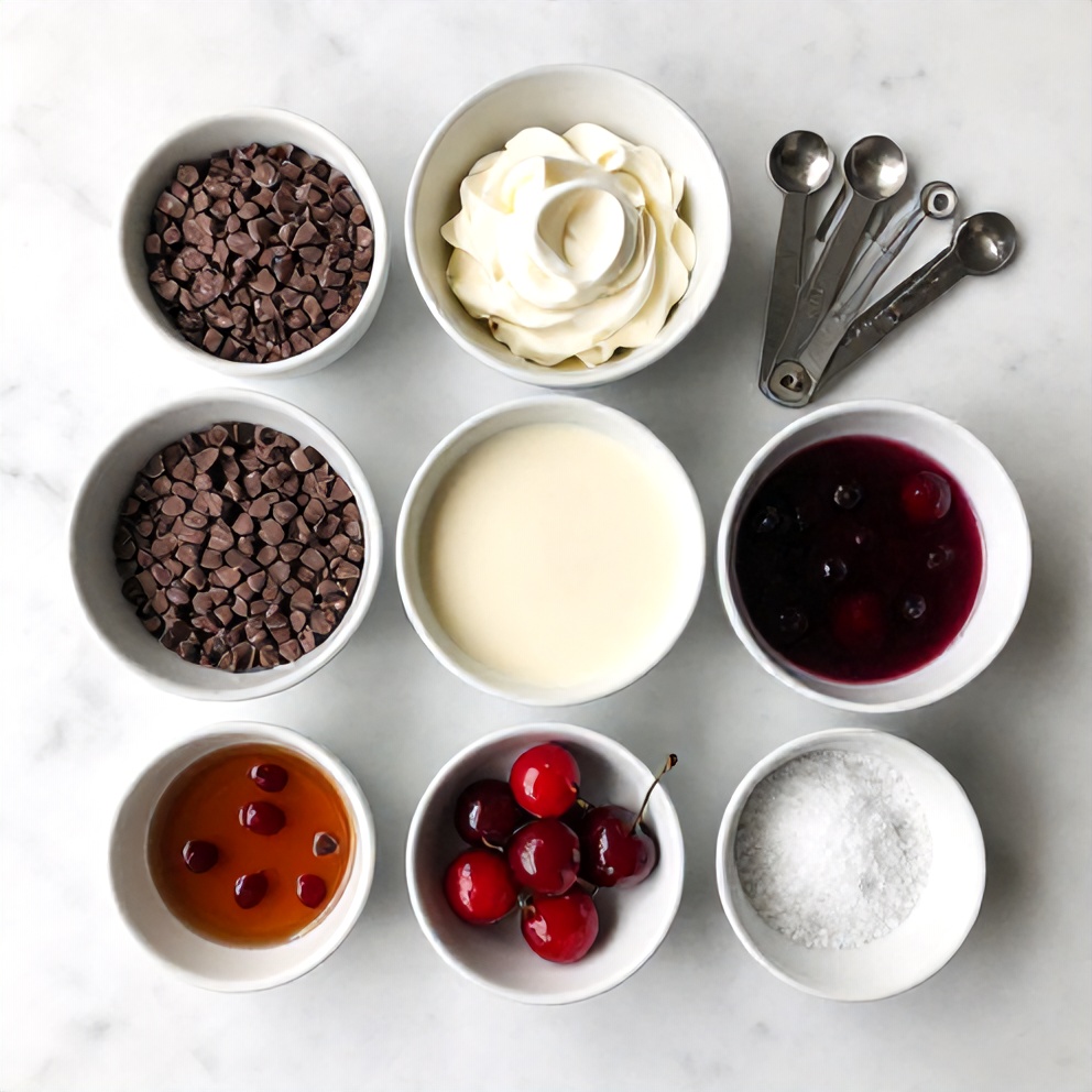 Raw ingredients for Easy No-Bake Chocolate Cherry Cream Pie on a white marble surface