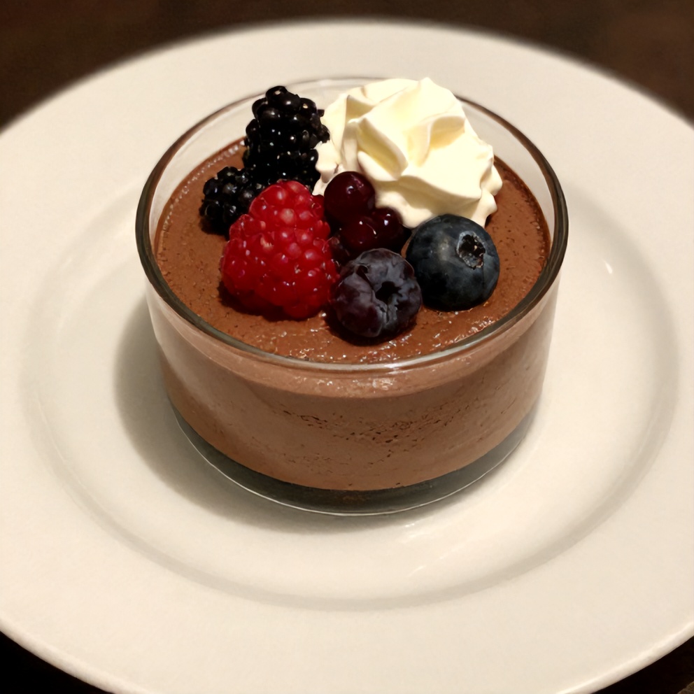 Plated no-bake chocolate mousse dessert with berries