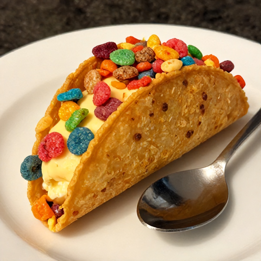 Plated No-Bake Fruity Pebbles Cheesecake Tacos with a spoon