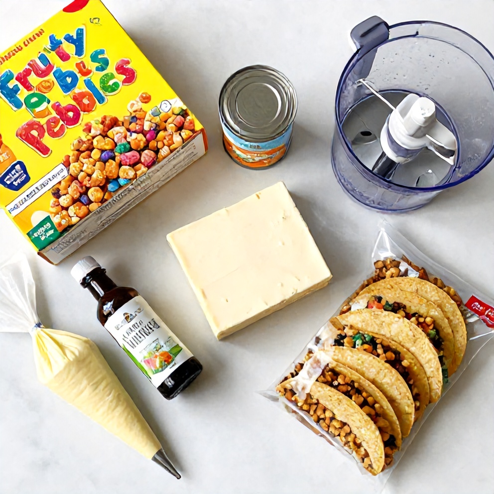 Raw ingredients for No-Bake Fruity Pebbles Cheesecake Tacos on a marble surface