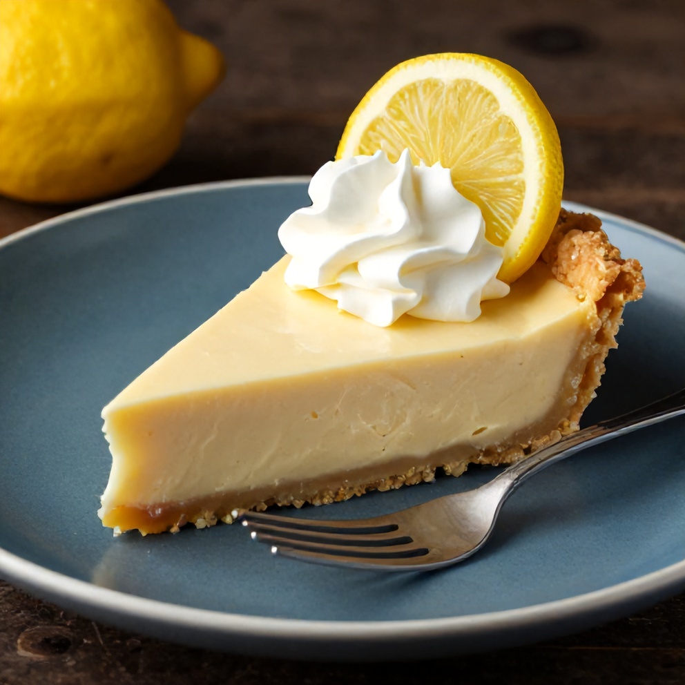 Sliced no bake lemon pie on a blue plate with a fork