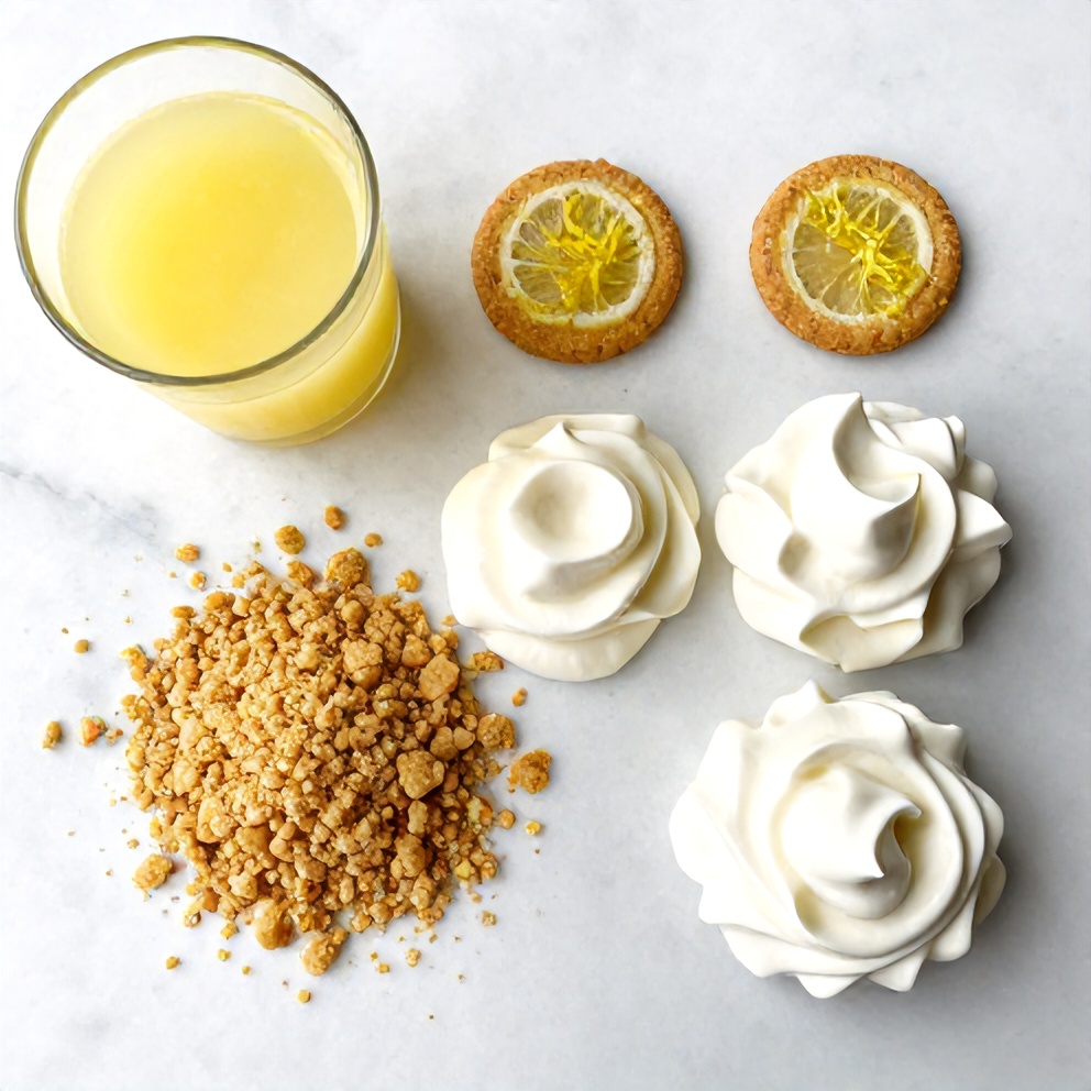 Graham cracker crumbs, lemon filling ingredients, and whipped cream arranged on a white marble surface