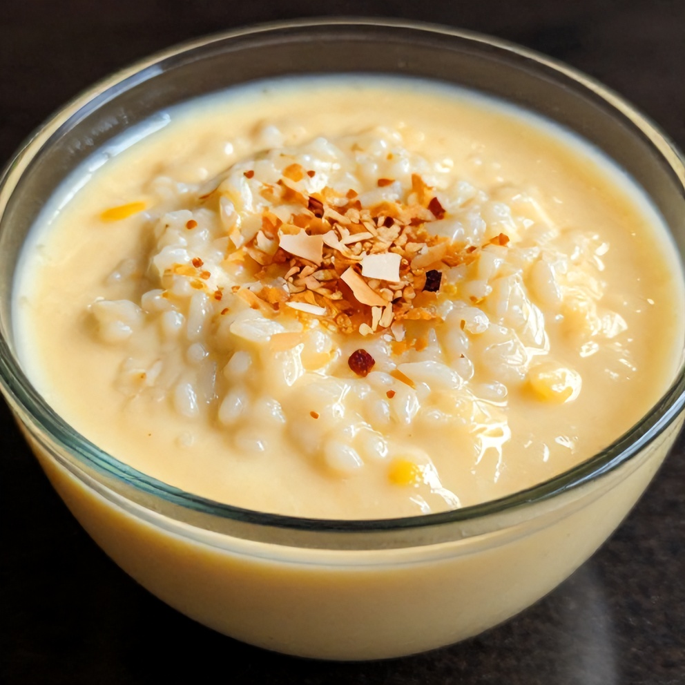 Plated Mango Coconut Rice Pudding with a sprinkle of toasted coconut flakes