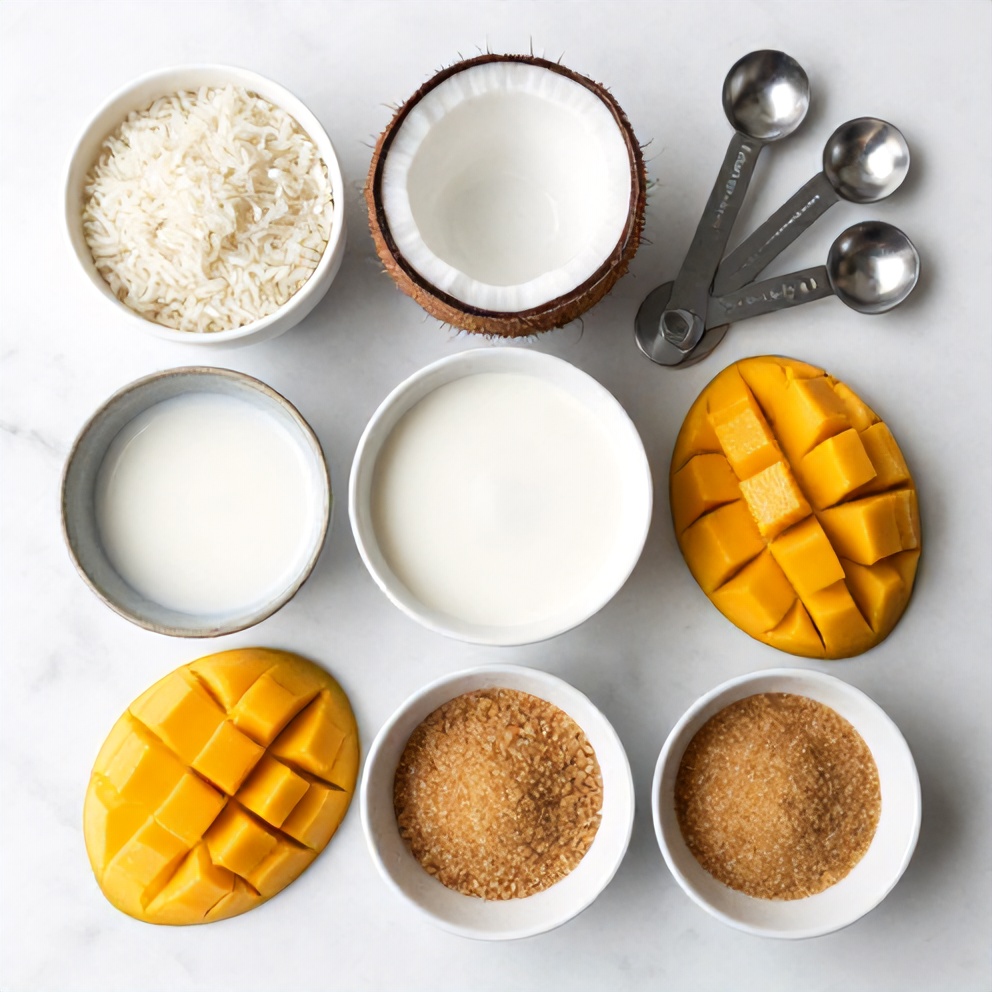 Raw ingredients for Mango Coconut Rice Pudding on a white marble surface
