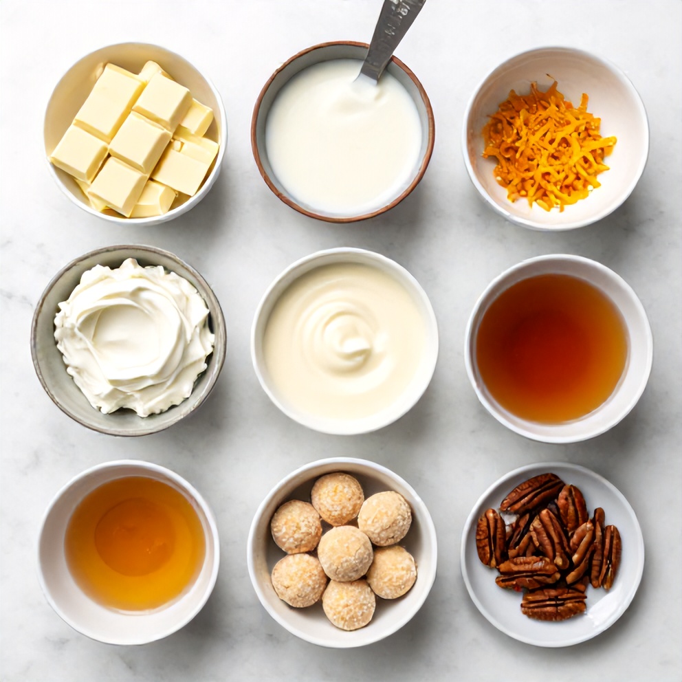 Ingredients for No Bake Orange Creamsicle Truffles laid out on a white marble surface