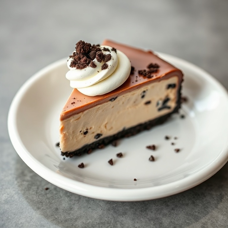 One perfect slice of No Bake Oreo Nutella Cheesecake on a small white plate, topped with a swirl of whipped cream and Oreo crumbs.