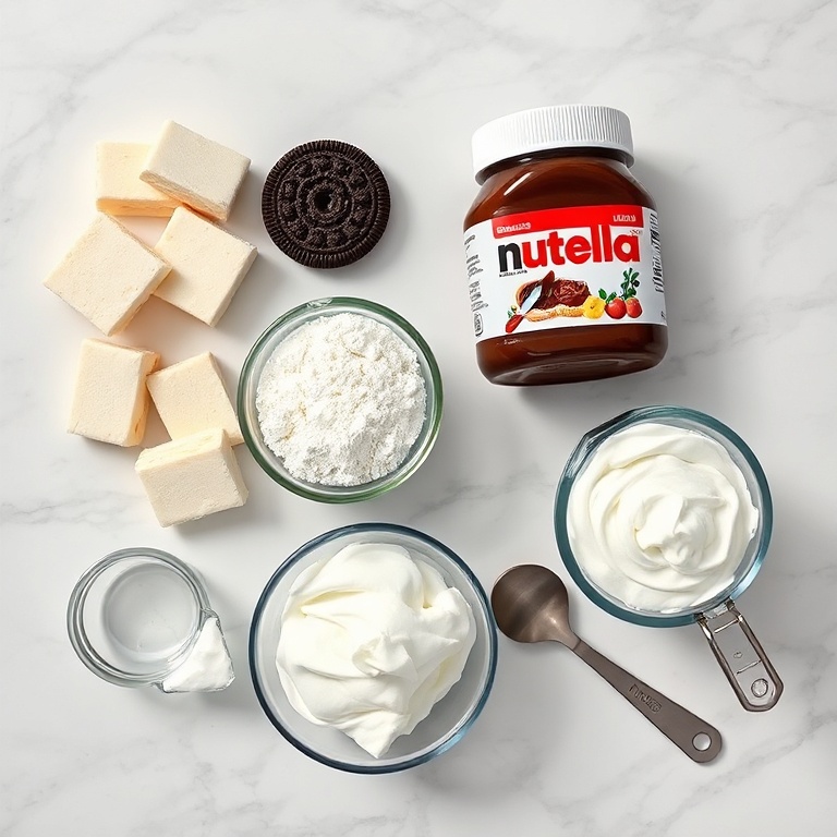 Overhead flat lay of Oreos, Nutella, cream cheese, powdered sugar, and whipped topping for No Bake Oreo Nutella Cheesecake, with small bowls and measuring spoons on marble.
