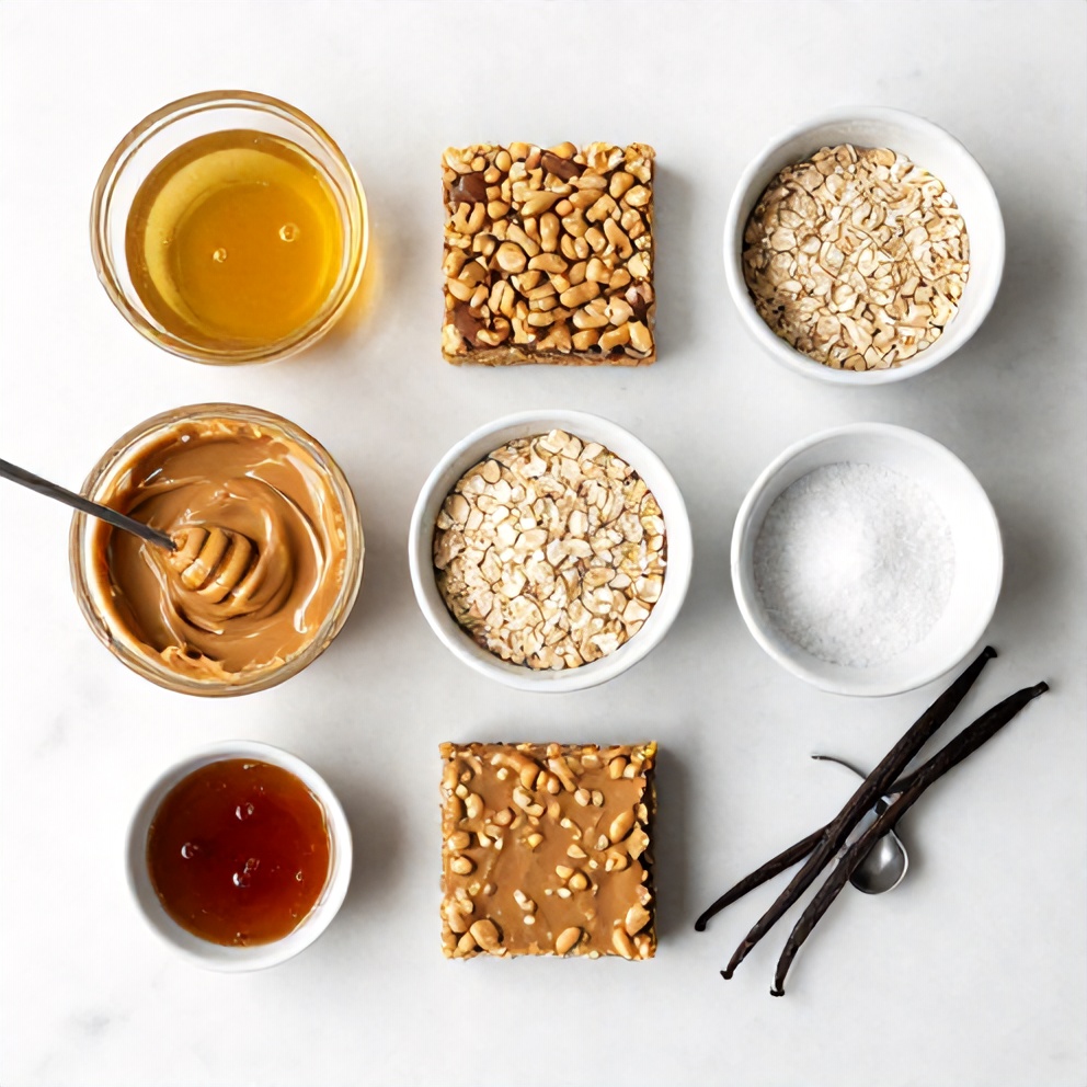 Ingredients for No-Bake Peanut Butter Oat Bars on a marble surface