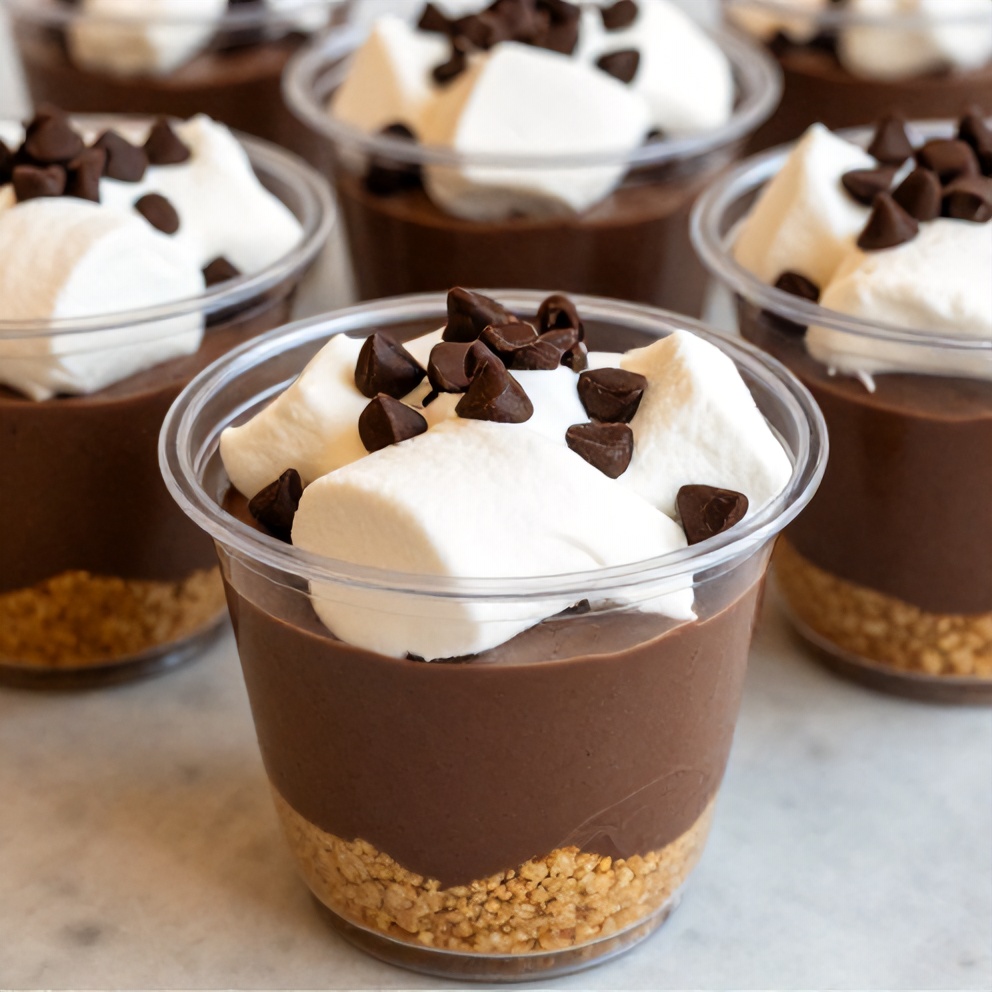 No Bake S’mores Pudding Cups with golden graham cracker crust, creamy chocolate pudding, marshmallow fluff, and chocolate chips, served in clear plastic cups
