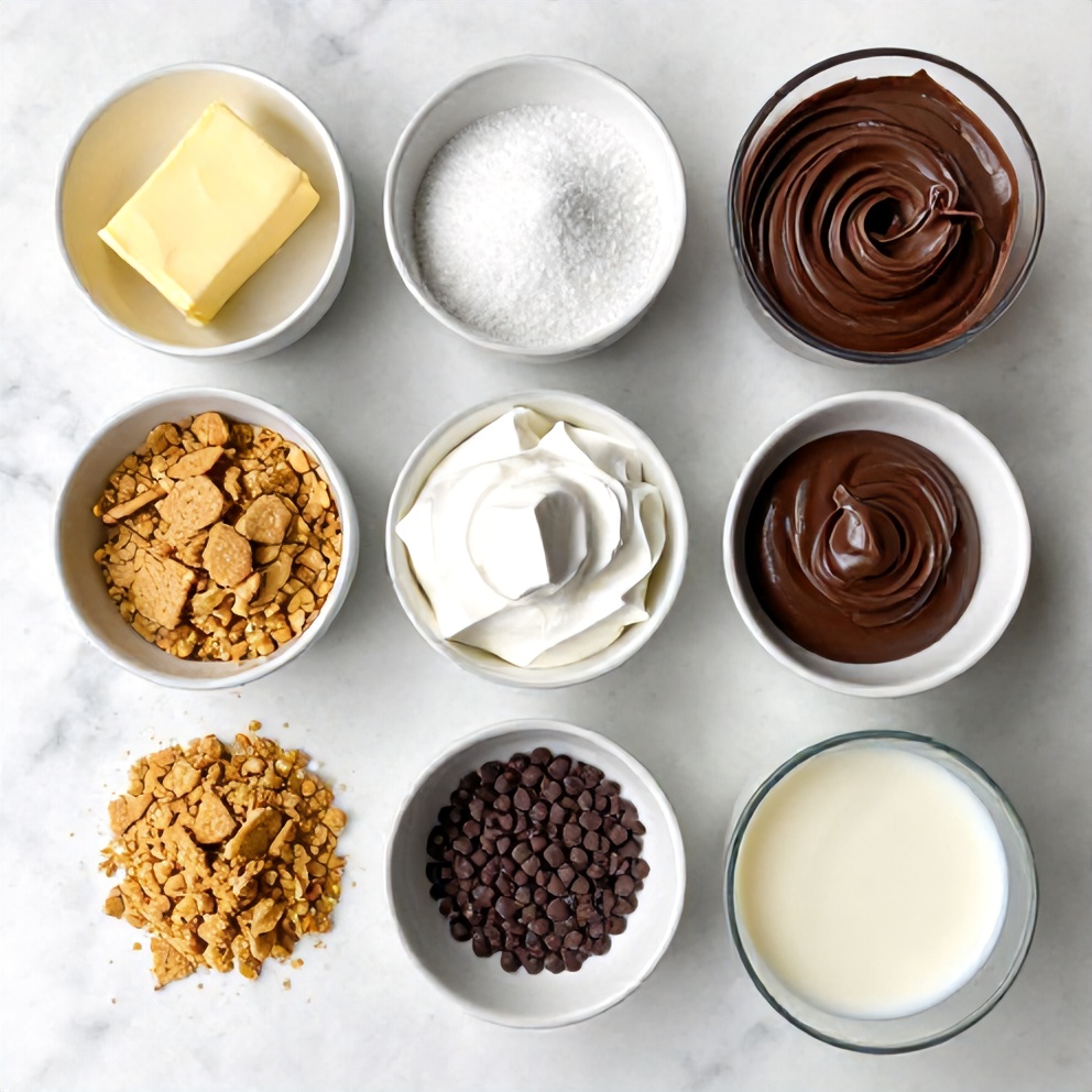 Graham cracker crumbs, butter, sugar, chocolate pudding mix, milk, Cool Whip, marshmallow fluff, chocolate chips, and a mixing bowl