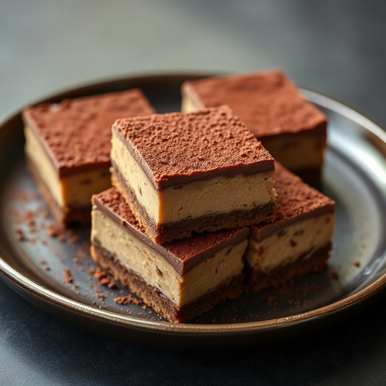 Perfectly plated nutella cheesecake bars with a dusting of cocoa powder. A dark ceramic plate highlights the rich color and texture.