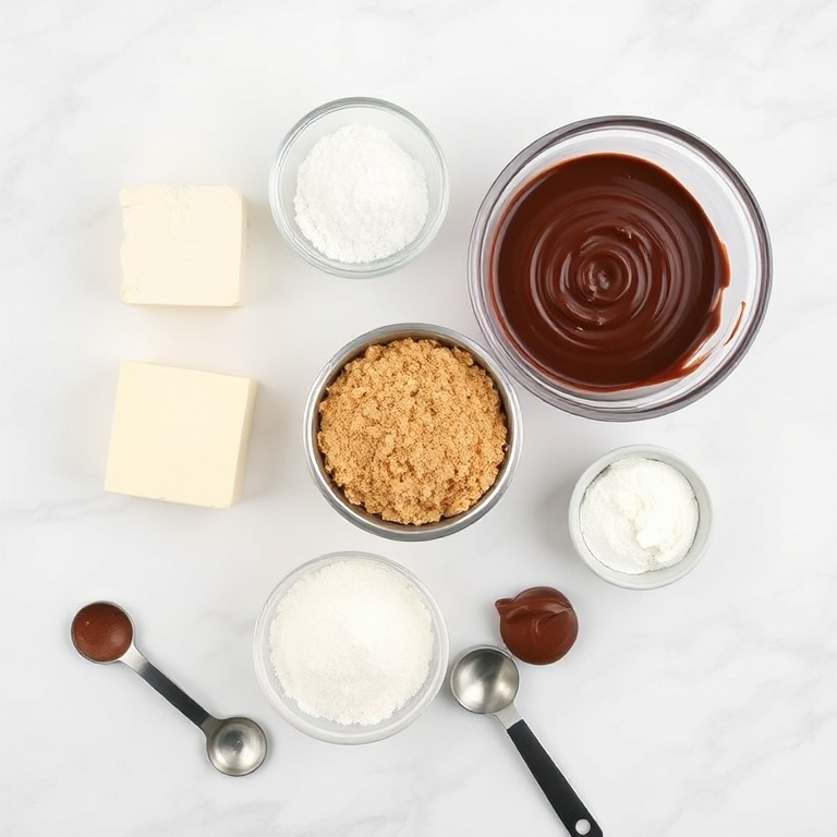 Raw ingredients for nutella cheesecake bars arranged in a flat lay. Cream cheese, butter, sugar, graham cracker crumbs, and Nutella clearly visible.