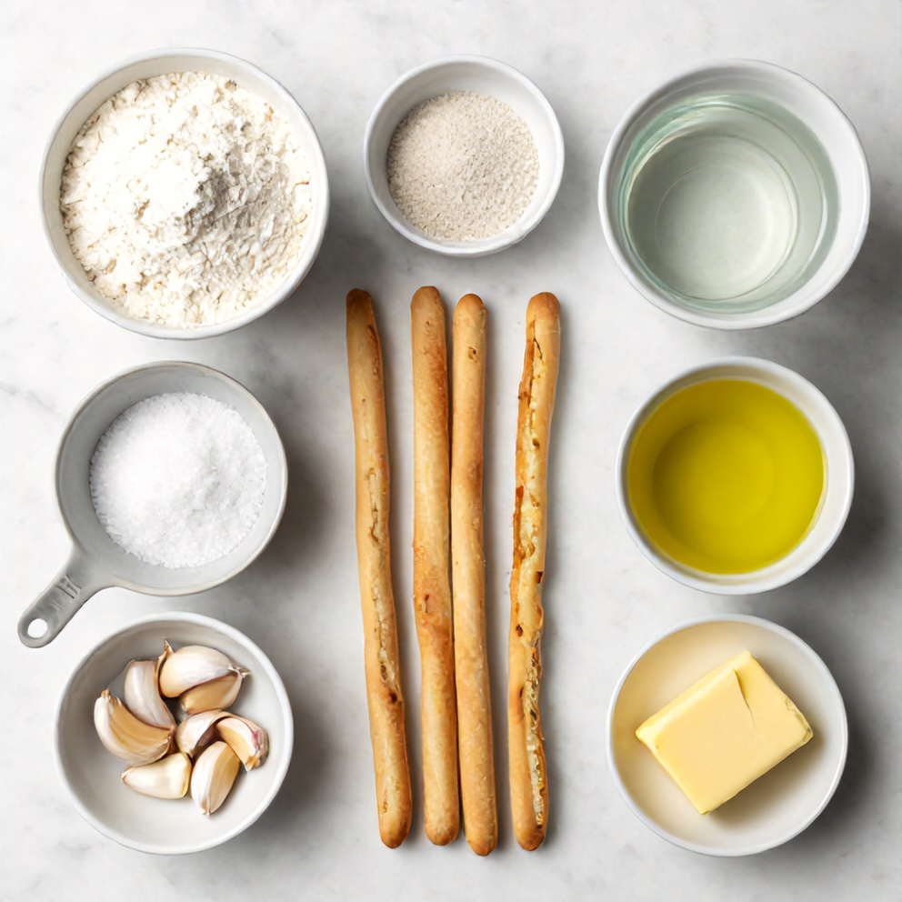 Raw ingredients for Olive Garden style breadsticks on a marble surface